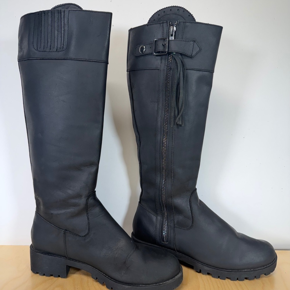 Volatile Leather Riding Boots Knee High Lug Sole Zipper Buckle Tassel Black‎